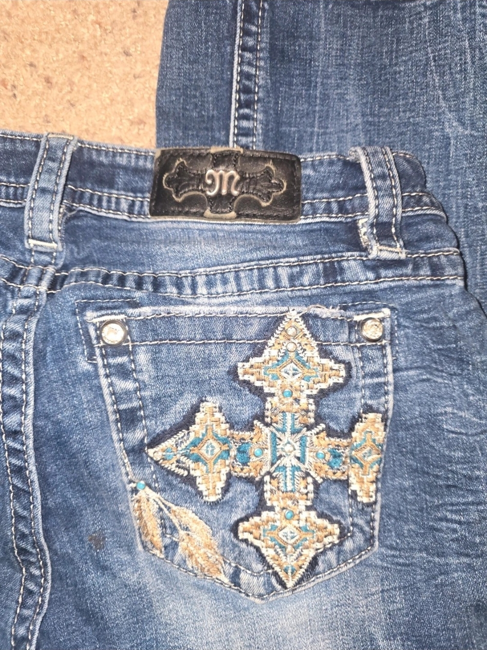 Miss Me Blue Jeans with Turquoise & Tan Embroidered Cross